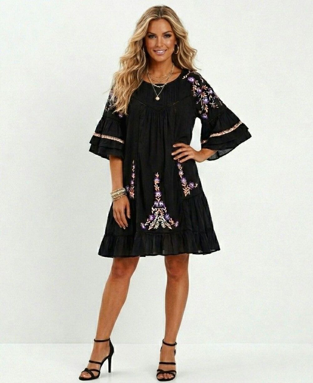 Free People Women's Black Embroidered Bell Sleeve Tunic Dress Sz M Boho Ethereal